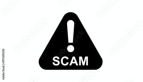 A warning sign displays a scam alert with an exclamation mark