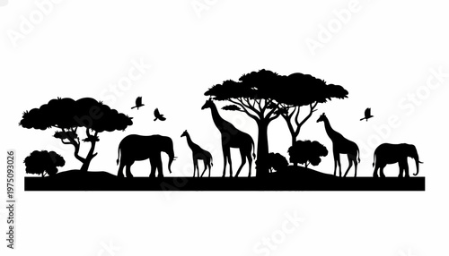 Animals roam freely in savannah landscape with trees and birds flying overhead at daytime