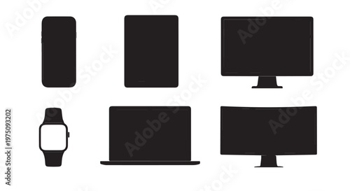 A collection of black silhouettes of various electronic devices on a white background