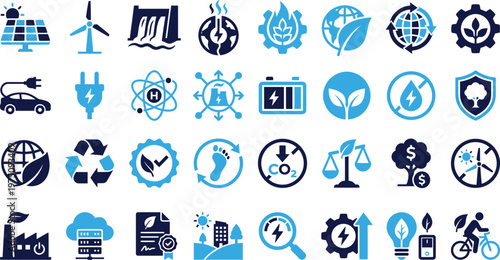 Collection of renewable energy and environmental icons on white background.