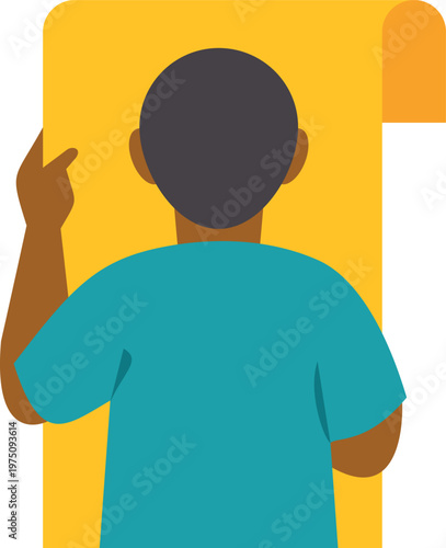 Minimalist vector of a person viewing a large yellow scroll against a plain white background