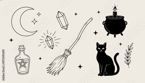 Magical scene with a broom, black cat, and mystical objects on a neutral background related to fhj (94).ai