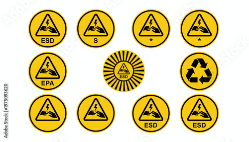 A collection of warning labels and eco-friendly symbols arranged on a surface