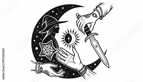 A mystical silhouette holds a pentagram near an eye within a crescent moon while another hand extends a dagger under a starry night sky with fhj 97 ai