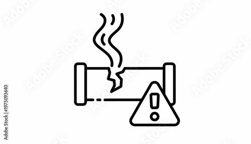 Overheated pipeline with warning sign emits smoke in industrial setting
