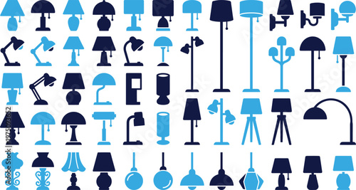 Large collection of various lamps and light fixtures in blue and dark blue colors.