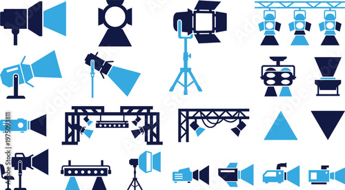 Stage lighting equipment icons collection vector set blue and dark blue.