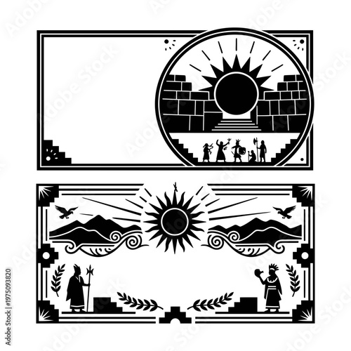 Sacred Sun Temple Badge Black And White Vector