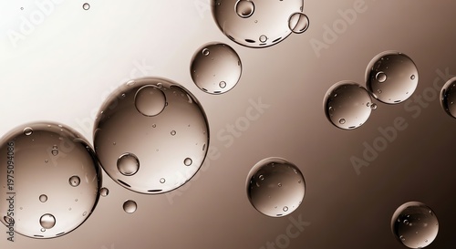 Large and small clear water bubbles floating on gradient brown background
