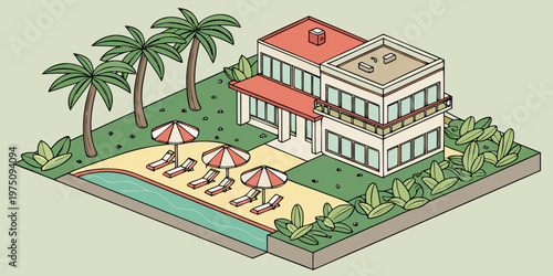 A modern house with a pool and palm trees in a tropical setting