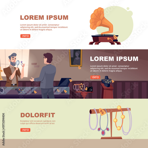 Pawn shop. horizontal banner with buyer and seller looking on old stuff