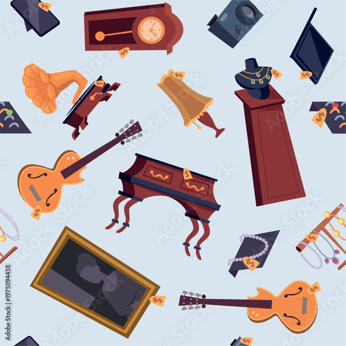 Pawn shop. seamless pattern with vintage stuff for resale