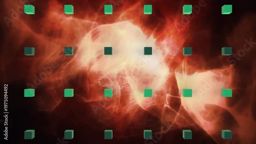 Animation of cubes over waves and flames on black background