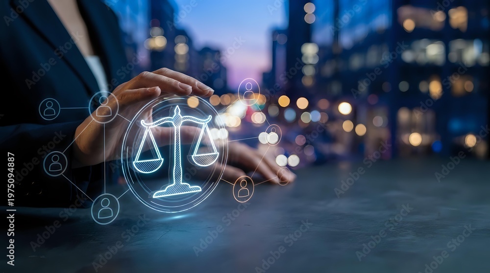 Fototapeta premium Professional businessman protecting digital justice scales icon with hand gesture in modern city environment for legal technology and law firm services.