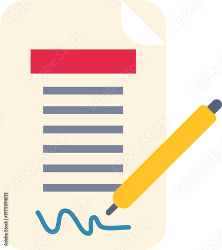 Flat design illustration of a document being signed with a yellow pen symbolizing agreement