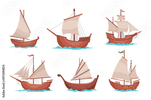 Wooden ships. Ancient old style wooden marine boats pirate ship and frigate exact vector ocean water transport