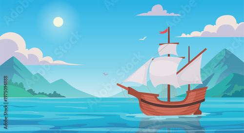 Wooden ship. Ocean landscape background with pirate battleship exact vector template