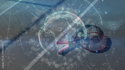 Pair of tennis rackets crossing behind green ball, digital globe rotating with floating data icons