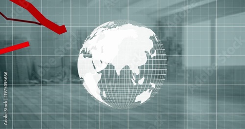 Animation of financial graphs and globe over empty hall
