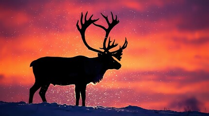 Majestic reindeer silhouette against vibrant sunset sky with dramatic clouds. Wildlife photography showcasing nature's beauty for outdoor and adventure themes.