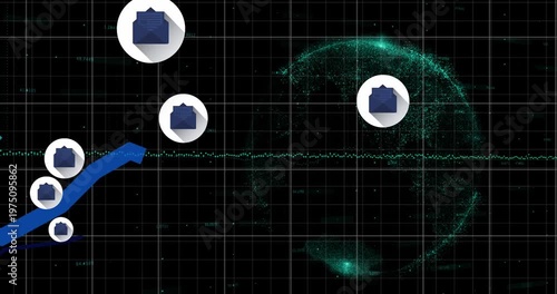 Animation of email icons, lines and financial data processing with globe