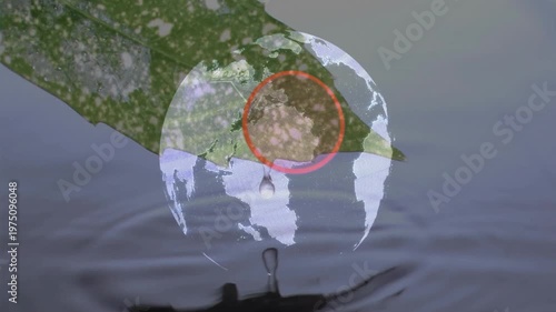 After globe fading airplane flying 01-10 path Asia highlighting droplet falling rippling water