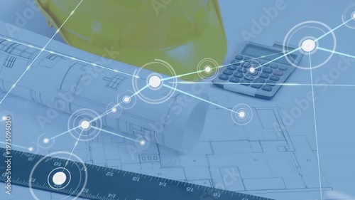 Glowing node appearing on blueprint emitting network across yellow hat illustrating connectivity