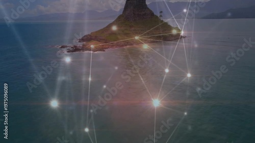 Camera moving onward showing conical island while mesh nodes pulsing, sun flare centering focus