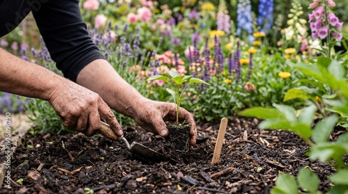 Hands on Gardening: The hands carefully plant a young seedling in the fertile soil, a spade resting nearby amidst a vibrant display of colorful blooms in a sun-drenched garden.