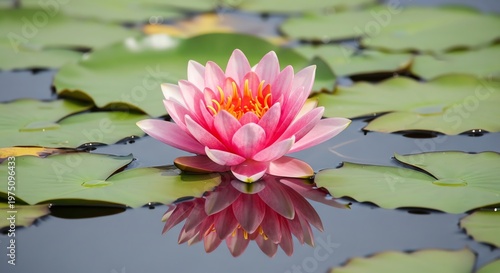 Pink lotus flower with green lily pads in calm water  serene natural scene