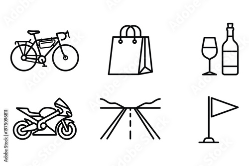 Leisure and activity line icons set including bicycle shopping bag wine bottle sport motorcycle scenic mountain road and flag marker