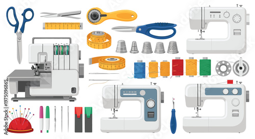This vibrant collection of professional tailoring equipment features several white sewing machines alongside colorful thread spools and various essential cutting tools.