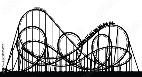A dramatic black silhouette of a massive looping roller coaster showcases the intricate support beams and a train of excited passengers climbing a steep incline.