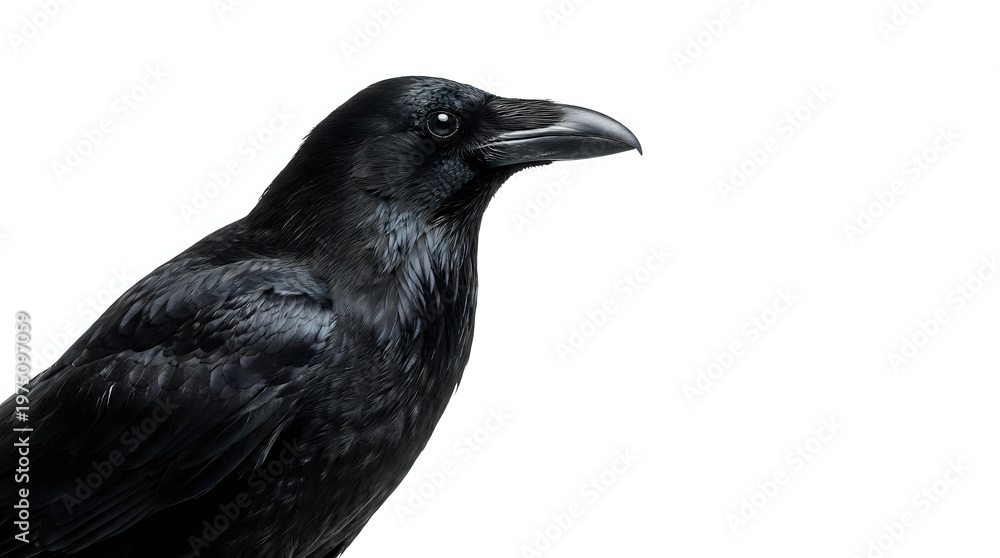 Fototapeta premium Black raven bird portrait isolated on white background with detailed feathers and beak for wildlife design projects and nature illustrations.