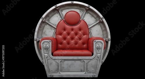 Red leather chair with metal frame and armrests in futuristic design one seat