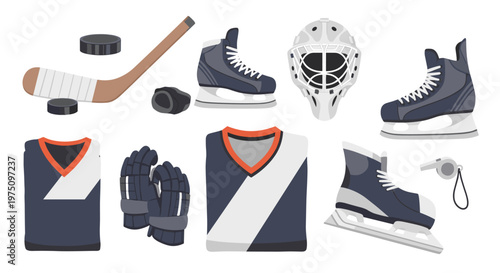 A clean and organized display of essential ice hockey gear featuring folded dark blue jerseys, protective gloves, and several pairs of professional skates.