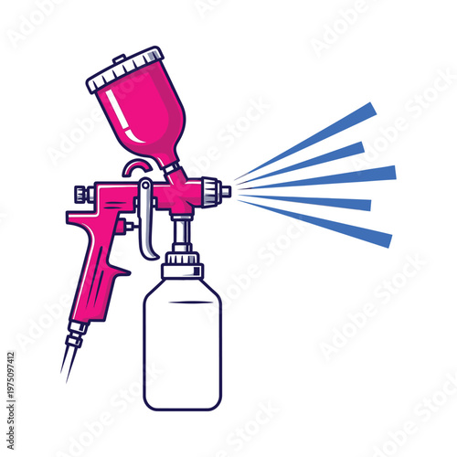 Pink spray gun dispensing blue paint in a controlled fan pattern