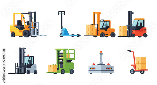 An extensive set of eight different warehouse machinery illustrations including automated guided vehicles and manual hand trucks for efficient logistics.