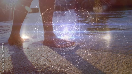 Animation of globe of connections over female teacher and schoolgirl writing