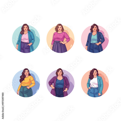 Six stylish women illustrated in vibrant circular backgrounds showcasing diverse fashion choices