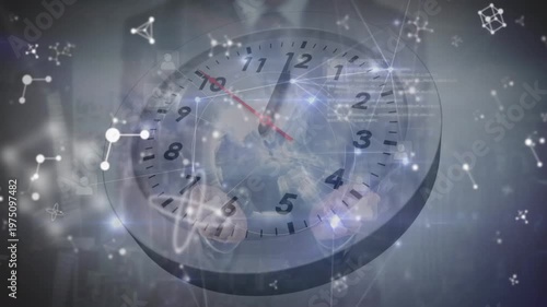 Animation of molecular structures and network of connections against close up of a ticking clock