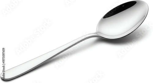 Shiny metal spoon on white surface with reflection and shadow