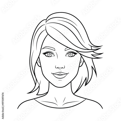 A stylized line drawing of a woman with shoulder-length hair and a gentle smile