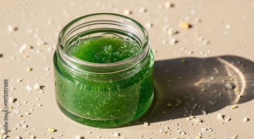 Green gel scrub in a small glass jar on a beige surface with small particles