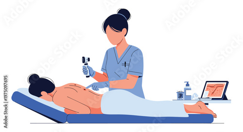 A professional female dermatologist in blue scrubs uses a specialized dermatoscope to carefully examine a patient's skin while a digital tablet displays data.