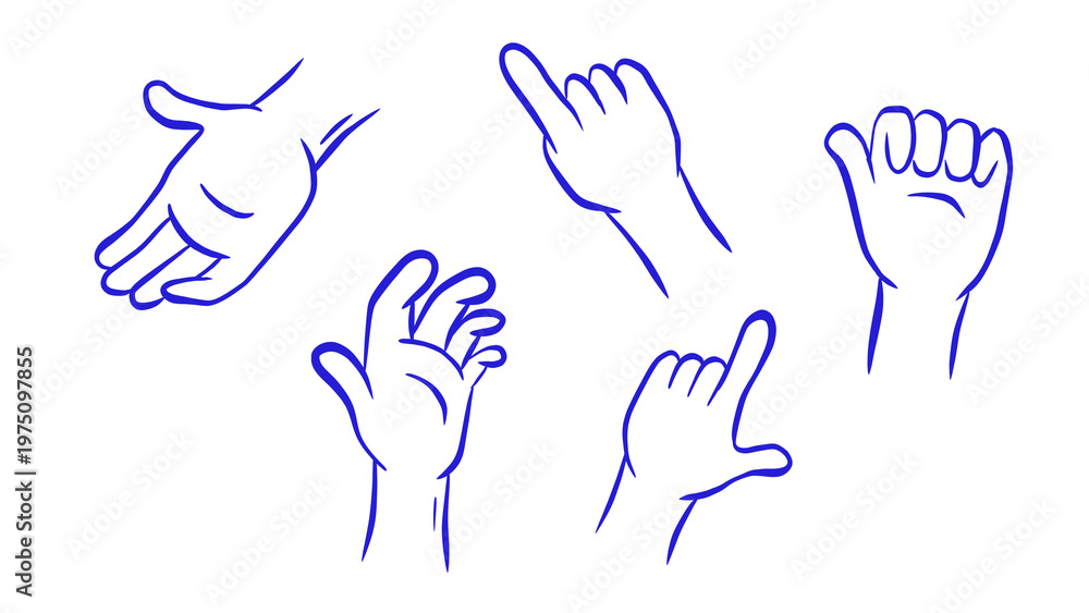 Fototapeta premium Vector illustration of five hand poses: open palm, pointing, grasping, fist, and rock-on gesture in blue line art on a transparent background.