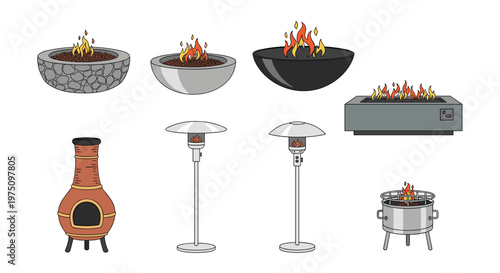 A comprehensive collection of outdoor heating solutions featuring various stone fire bowls and tall silver patio heaters alongside a traditional clay chiminea and grill.