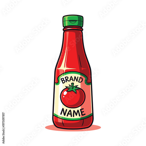 Cartoonish bottle of tomato sauce with a brand label and green cap