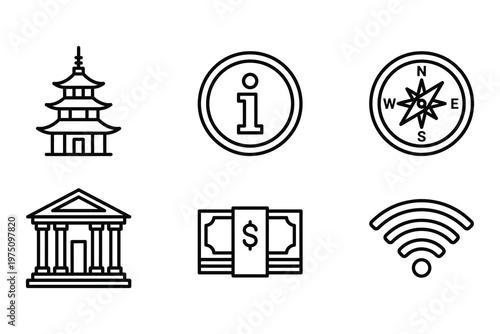 Travel information and finance line icons set featuring pagoda compass bank building money information sign and wifi signal