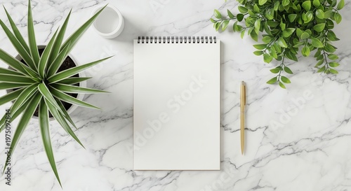 Spiral bound notebook and gold pen on marble desk with potted plants